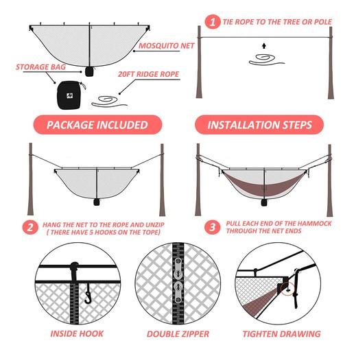Hammock Bug & Mosquito Mesh Net Cover Portable Double Zipper for Outdoor Camping - Picture 12 of 12