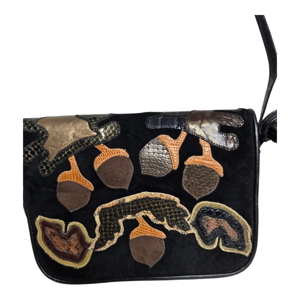 Sharif Vintage 80's 90's Acorn Patchwork Exotic Leather Embroidered Handbag USA - Image 2 of 4