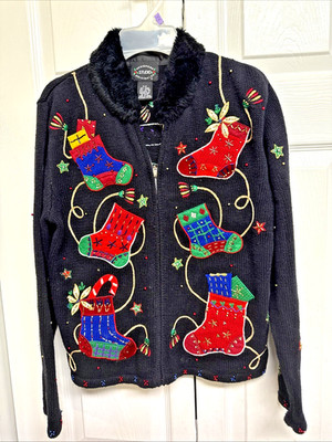 Designer Studio Sweater Womens Petite Cardigan Christmas Stockings Granny