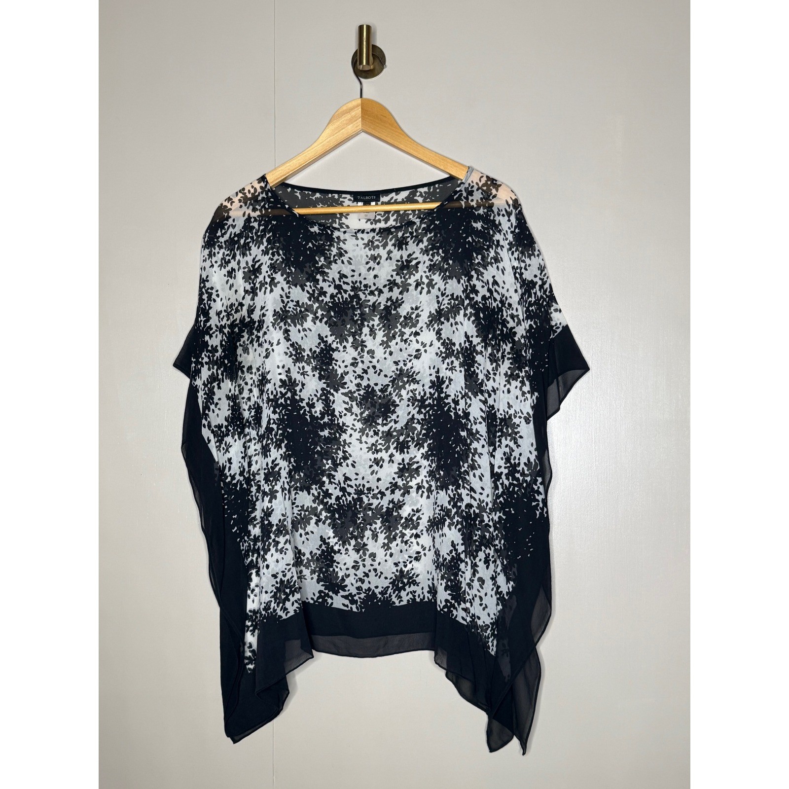Talbots Black White Floral 100% Silk Poncho Top Sheer Blouse L/XL
