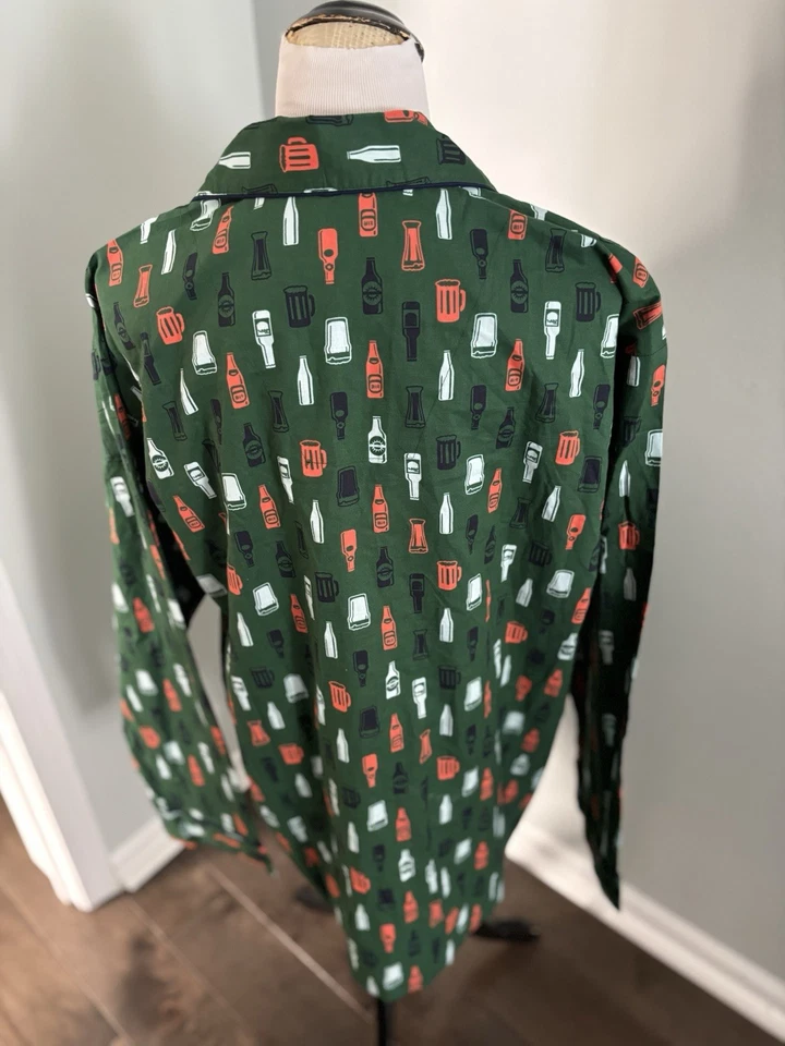 Alexander Del Rossa Mens Button Down Pajama Top ONLY Beer Mugs Bottles Green LG - Image 3 of 4
