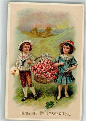 38152092 - Zwei Kinder mit Blumenkorb Gluecksklee und Brief Golddruck E.A.S.