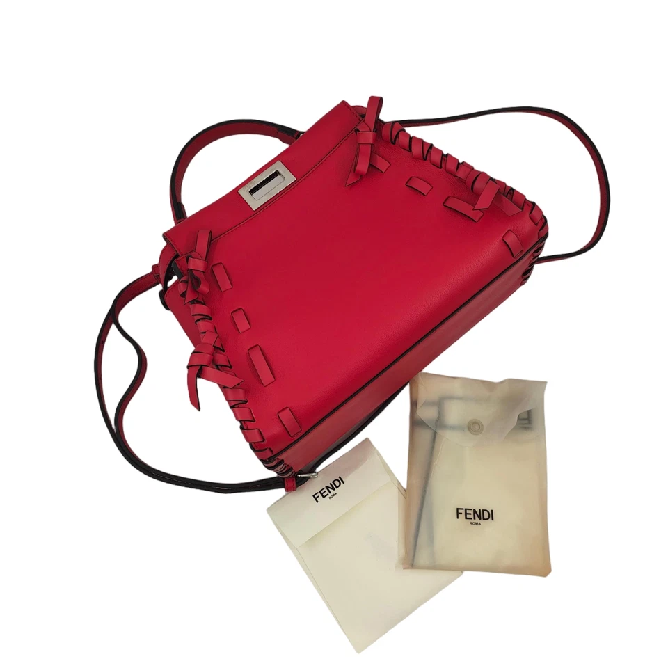 Fendi Peekaboo Red Handle Bag Woven Leather with Bow Detail Small Women - Image 3 of 4