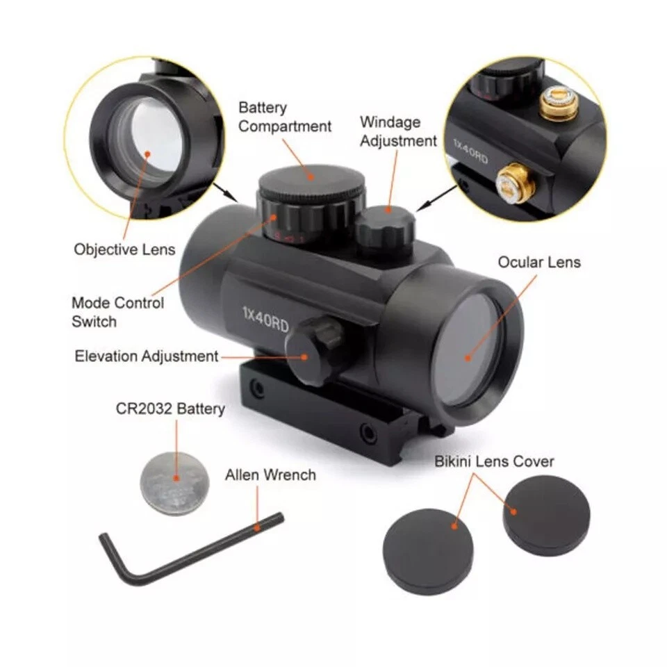 1X40 Green Red Dot Sight Scope Tactical Riflescope For 11mm/20mm Rail Mount US - Image 3 of 4