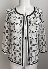 Chico s Travelers Blazer Sz 1 US8/10 White HeavilyEmbellished Black Trims Open