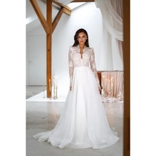 White High Neck Long Lace Sleeve Chiffon A‑Line Bridal Wedding Gown With Pockets