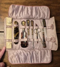 Antique Manicure Set + Boot Hook. Bates Leather Case. USA. Scissors,etc.