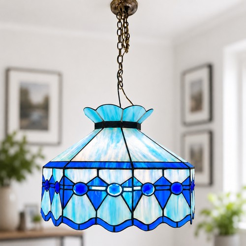 Vintage Blue Slag Stained Glass Tiffany Style Pendant Lamp 16.75”