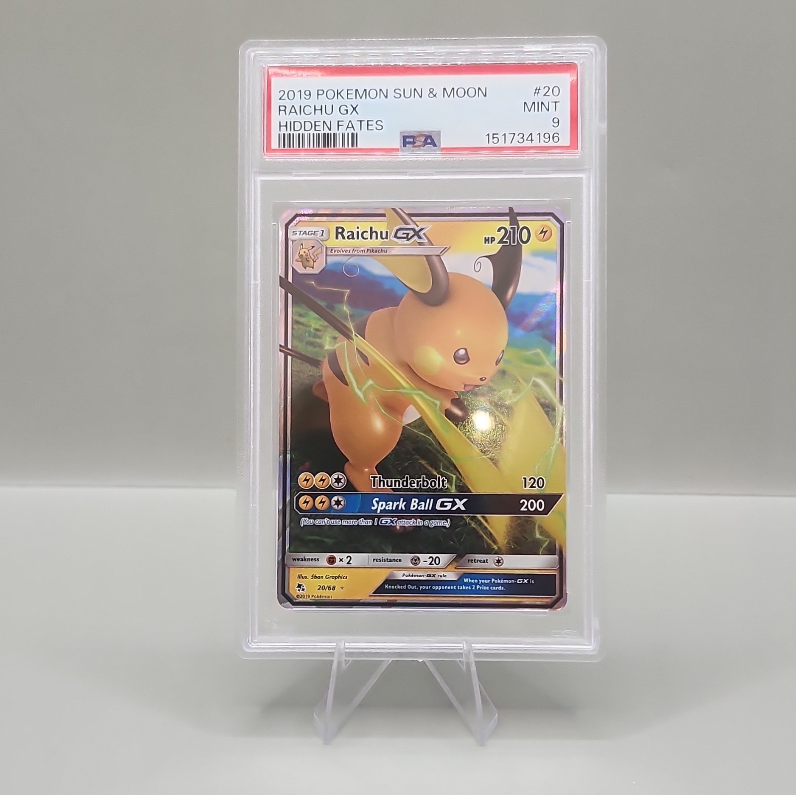 2019 Pokemon Sun & Moon Hidden Fates Raichu GX #20 PSA 9