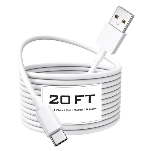 Long USB C Cable 20Ft, White Premium TPE USB A to Type C Cable Charger ...