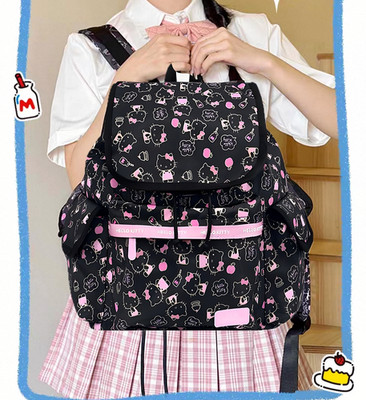 Hello Kitty  ZGO TIDECOLOR Backpack Black & Pink AOP Nylon Daily Knapsack Bag