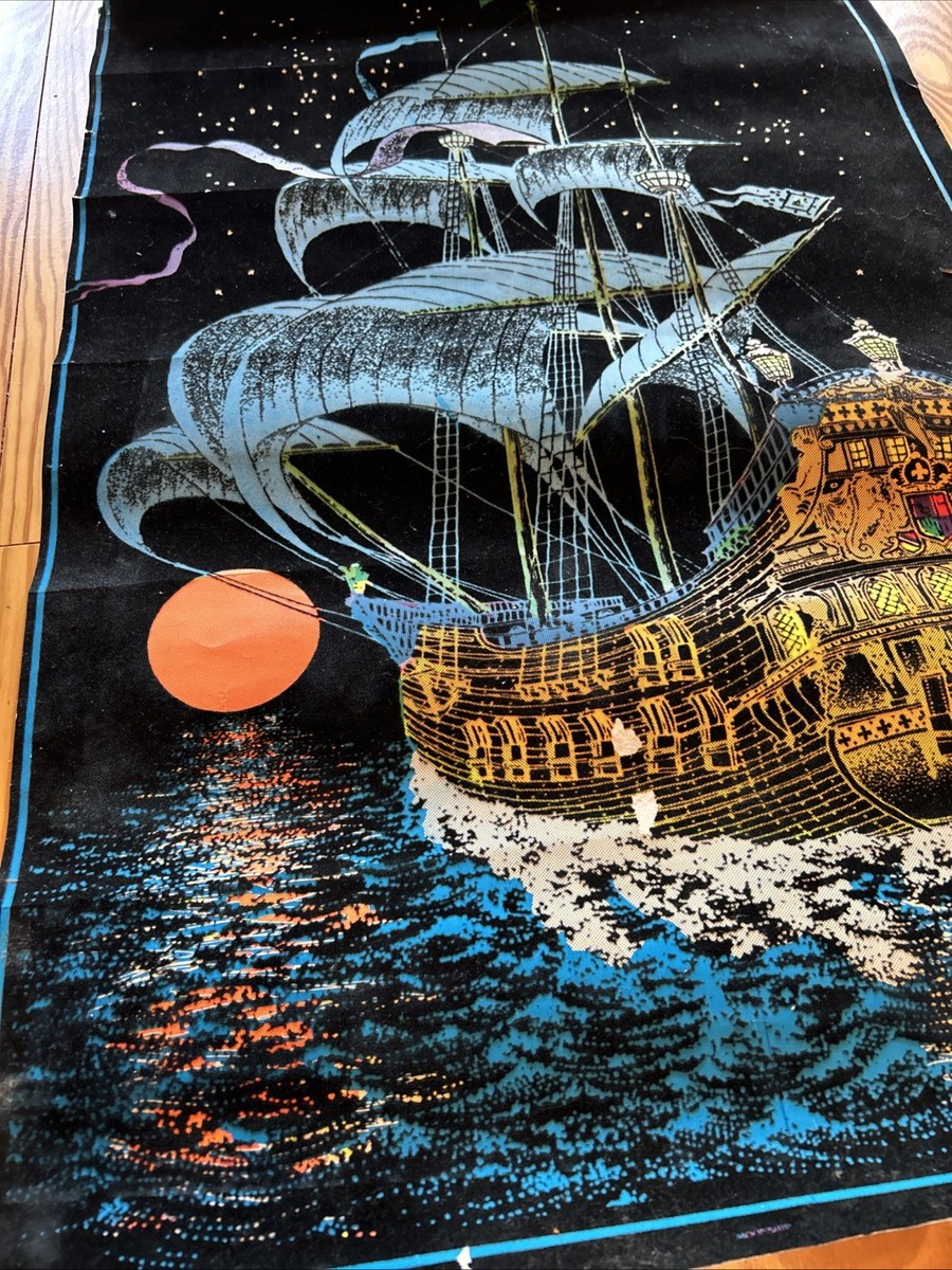 Original Blacklight Velvet Poster Fuzzy Vintage Moon Ship | eBay