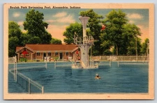 Alexandria Indiana~Beulah Park Swimming Pool~Diving Board~Fence~Linen Postcard