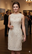 SUE WONG Nocturne Taupe Soutache Ribbon Embroidered Cocktail Dress Size 0