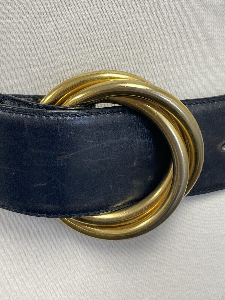 Salvatore Ferragamo Vintage Navy Blue Goldtone Leather Belt Size Large Neutral Vintage Salvatore Ferragamo Gold-tone Double Ring Buckle  main image 4