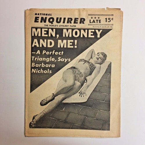 Tabloide de colección National Enquirer abril 1960 Barbara Nichols Frank Lane MLB - Imagen 1 de 2