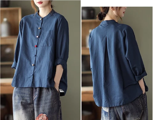 Retro Womens Cotton Linen Blouse Loose Casual Tunic Top Button Summer T-shirts - Photo 10/22
