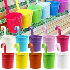 10x Metal Hanging Pots Plant Planter Bucket For Garden Fence Hook Mini Tins UK