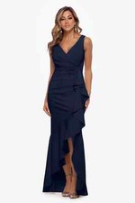 BETSY  ADAM Black Ruched Ruffle Bow Stretch Scuba Crepe Hi-Slit Maxi Gown 6P