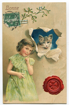 Oblaten scrap chromo Karte Mädchen  Katze  EAS 14 cm