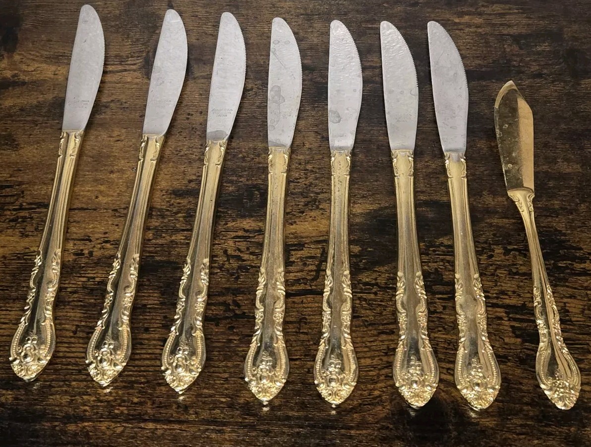 Sarah Ann EP SS Gold Electroplate Japan 7 Dinner Knives & 1 Butter Knife