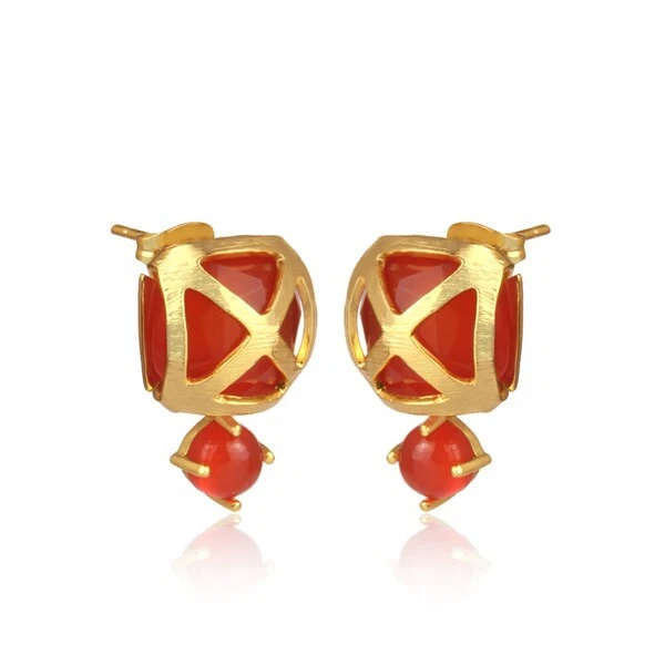 Carnelian Set Turkish Style Designer Stud Gold Earrings Jewelry For Women Gifts - Image 4 of 4