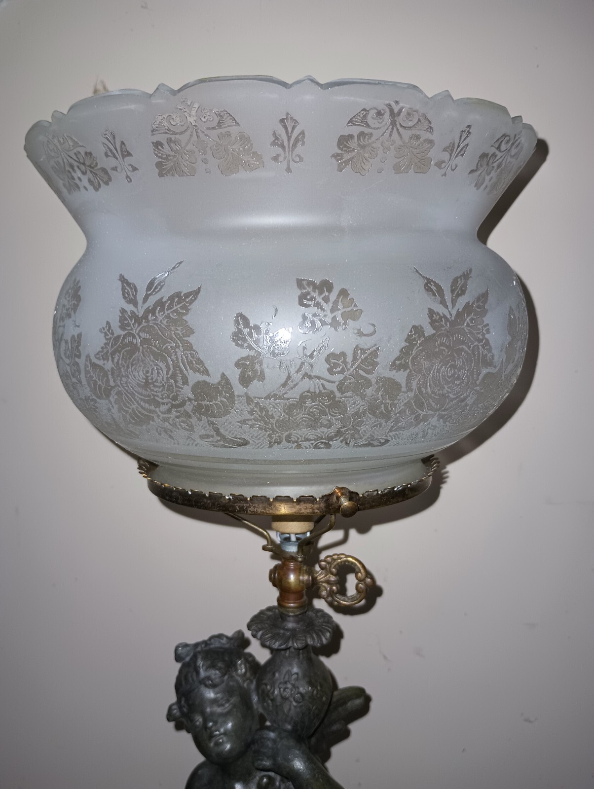 ANTIQUE EARLY GAS NEWEL POST LAMP DEEP ETCHED SHADE LIGHT FIXTURE PARTS