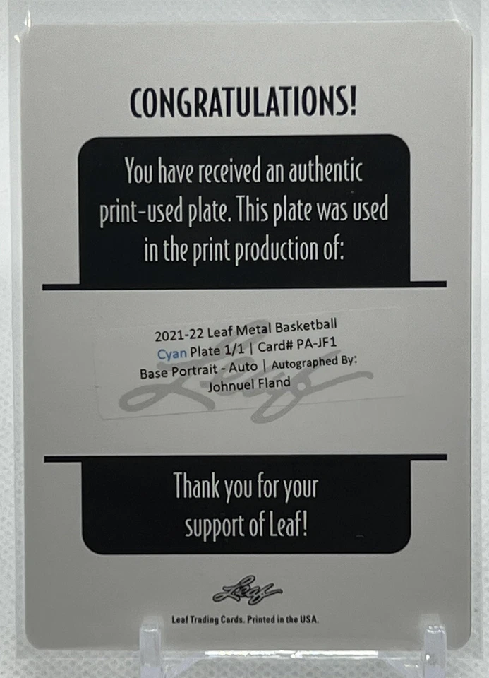 💥JOHNUEL FLAND AUTO #1/1💥2021-22 LEAF METAL BASKETBALL CYAN PLATE AUTO💥#1/1🔥 - Image 3 of 4