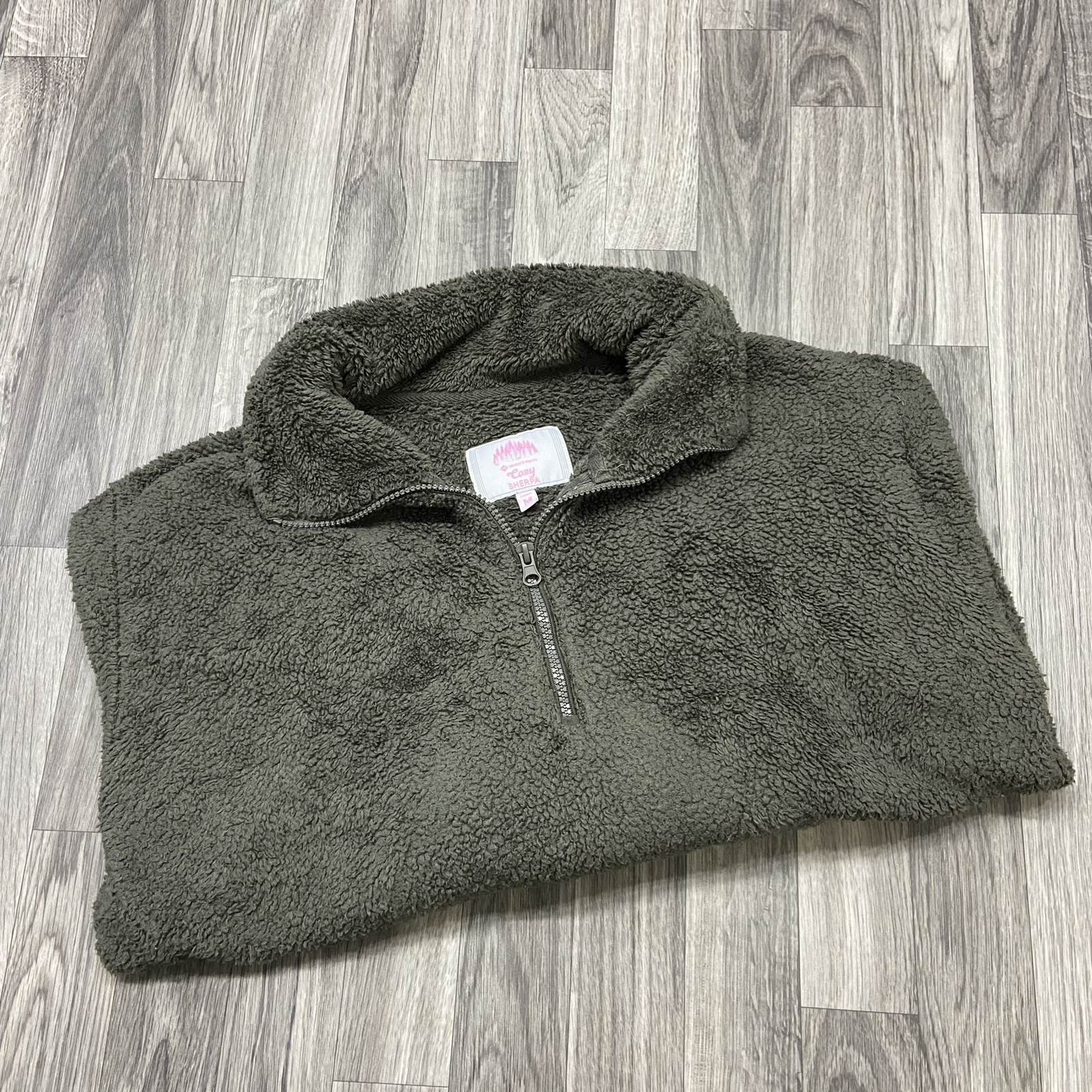 COZY 1/2 Zip Up Elastic Cuffed Collar Green Sherpa Jacket Women's Size Medium eBay