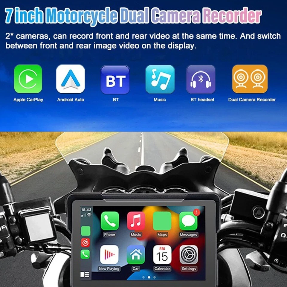 7» мотоцикла GPS беспроводной CarPlay/Android авто водонепроницаемый HD DVR двойной Bluetooth - Изображение 3 из 4