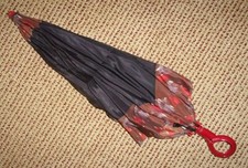 Vintage Umbrella Parasol Red Floral  Black Bamboo post 25"