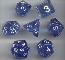 RPG Dice Set of 7 - Glitter Blue D4 D6 D8 D10 D12 D20 D00-90