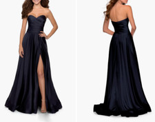 LA FEMME Navy Strapless Sweetheart Hi-Slit Satin Ball-Gown w/ Train Dress 2 XS