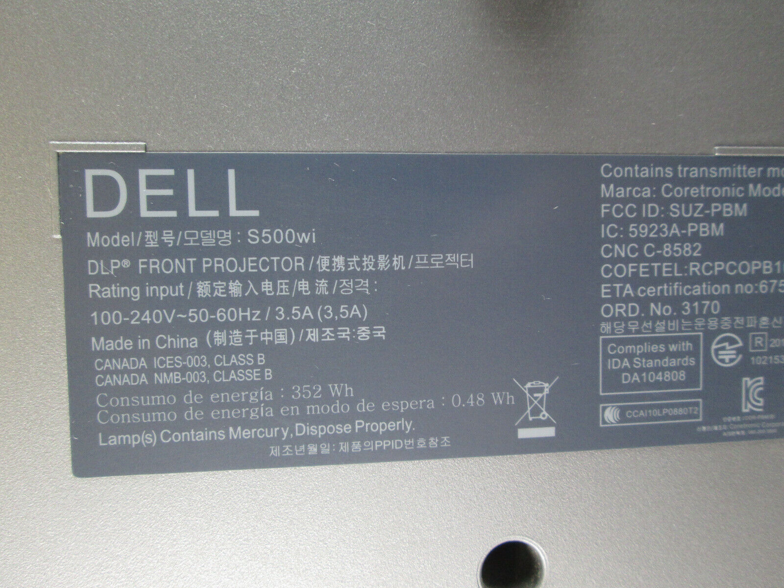 Dell DLP Front Projector With Power Cord Model S500wi Has 609 hours Laagste prijs, HOT