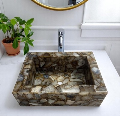 Brown Agate Wash Basin Natural Stone Kitchen Countertop Vessel Sink Handcrafted 
