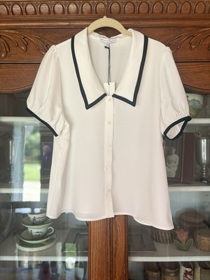 NWT MAISON D  AMELIE SIZE M WOMEN IVORY S/S BUTTON UP COLLARED SHIRT BLACK TRIM