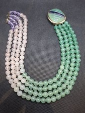 Ancien Collier Ras De Cou Multi-Rang Pierre Naturel Fermoir Argent 925 Vermeil