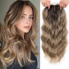 Human Hair New Fashion Women's Long Natural Brown Mix Blond Wavy Wigs 20 In