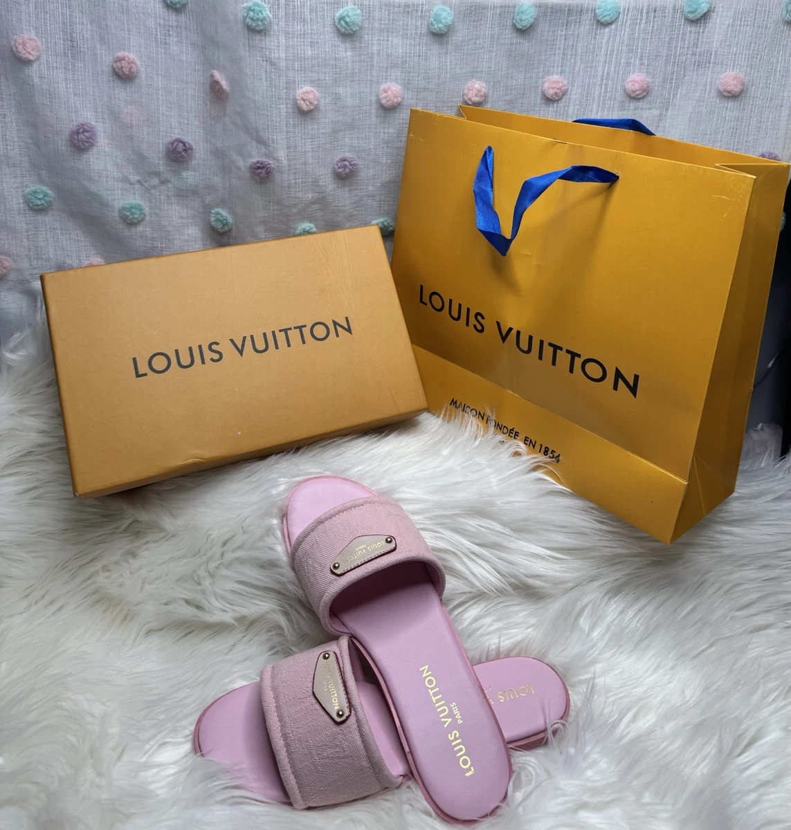 Louis Vuitton Slide Sandal Pink Logo Metal Plate Fabric Women