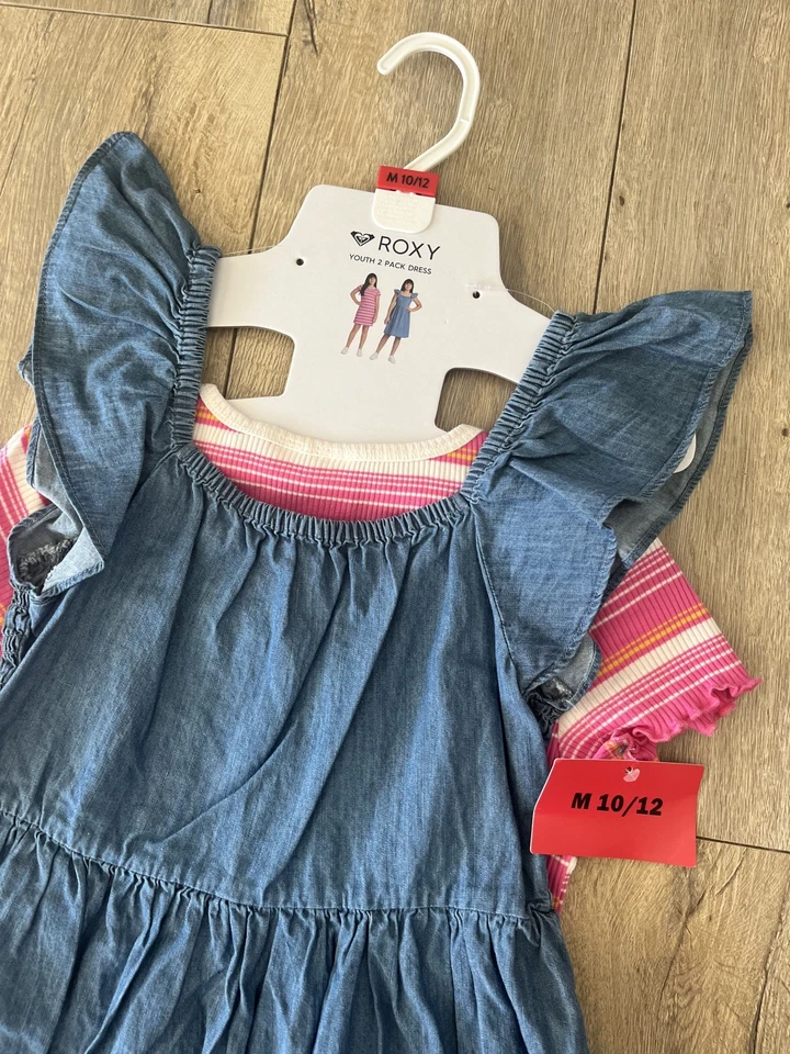 Conjunto de Vestido Marca ROXY Jóvenes Niñas Talla M 10/12 Azul Denim y Rosa Camiseta Popover Foto 3 de 4