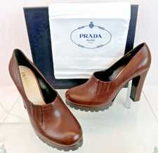 NIB PRADA 1I914B DARK BROWN DISTRESSED LEATHER LUG SOLES HEEL PUMPS 40 ITALY