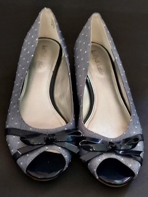 Kelly & Katie cork wedge slip on, peep toe with bow Size 8 denim swiss dot