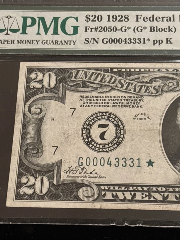 1928 $20 Star ⭐️ FRN Chicago (G*Block) STAR Fr. 2050-G* PMG 40 Tate/Mellon - Image 2 of 4