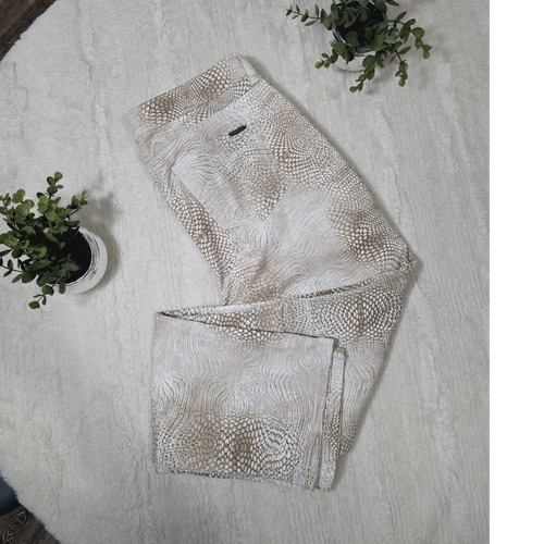 Chico's Beige White Animal Print Pants with Metal Logo Plate for Women