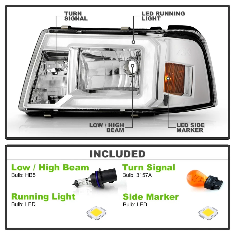 For 2001-2011 Ford Ranger Pickup LED Tube Chrome Headlights Headlamps Left+Right - Image 3 of 4