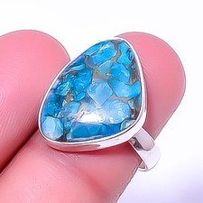 Copper Blue Turquoise Gemstone 925 Sterling Silver Handmade Ring s.7 A398