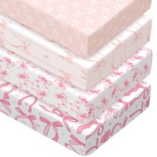 4 Pack Crib Sheets for Baby Pink Bow Soft Baby Bed Sheet Set 52'' x 28" Nurse...
