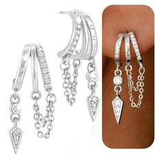 Solid Sterling silver triple huggie Dangle Earrings CZ Hypoallergenic Drop Women