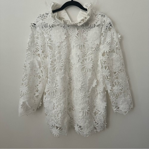 Biesen weiß Guipure Spitze Faye Bluse Rüschen Fliege Large Neu mit Etikett ($ 248) - Bild 5 von 13