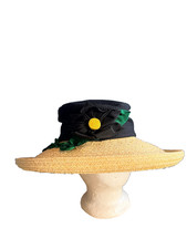 Vintage "Deborah Rose" Wide Brim Straw Hat Flower Garden Party Tea Party Derby